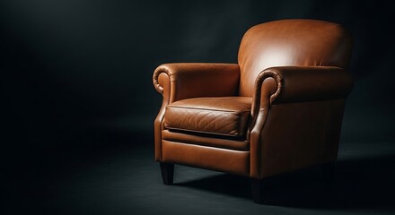 Brown Leather Armchair in Dark Room.