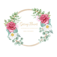 Watercolor flowers rose wreath with golden circle