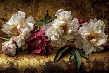 A still life arrangement of elegant white and deep pink peonies rests on a textured gold background, showcasing delicate petals and rich tones.