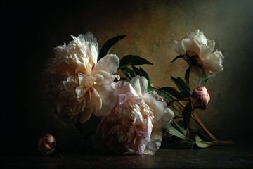 A close-up still life arrangement of delicate, pastel-hued peonies, rendered with dramatic lighting and rich tones, showcasing the intricate textures and beauty of the blossoms against a textured,...