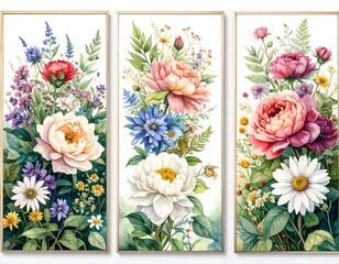 Three framed floral prints