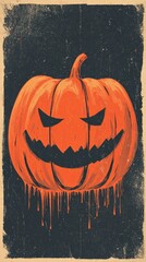 Carved pumpkin with menacing face and dripping liquid on dark background