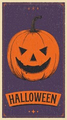 Carved pumpkin with 'HALLOWEEN' text on abstract night background