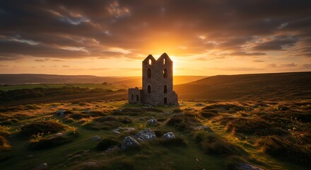 Dramatic sunset over ancient stone ruins against a golden sky