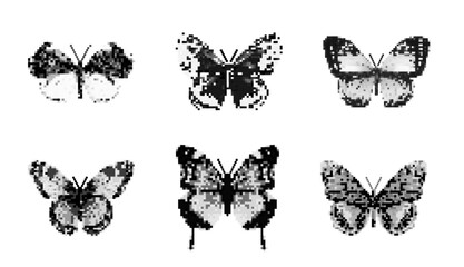 Butterfly halfton pixel retro photocopy stipple effect Vector illustration collage decorative element