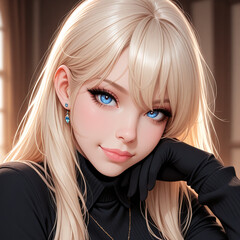 Blonde Woman Portrait with Blue Eyes and Black Turtleneck, Detailed Anime Closeup in Soft-Focus Background Template.