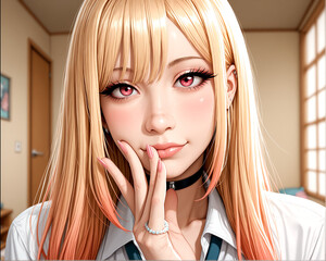 Digital Painting of a Girl with Pink Eyelashes and Ring, Detailed Smooth Texture and Soft-Focus Background.
