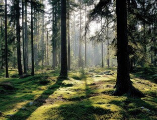 Fototapeta premium Sunlight filtering through a dense forest, illuminating moss-covered ground and tall trees.