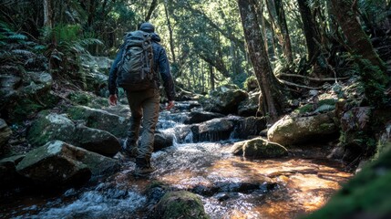 Fototapeta premium Hiker hiking through forest stream