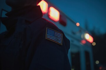 Emergency medical technician with USA flag patch stands near ambulance in evening light, symbolizing dedication to service and patriotism across professions in the United States