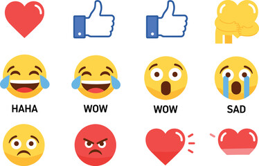 Social Media Reaction Icon Set Vector | Colored Like, Love, Care, Haha, Wow, Sad, Angry SVG, PNG, EPS Files