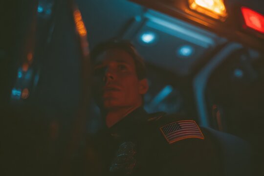 Emergency medical technician seated inside an ambulance at night, displaying dedication to service with USA flag patch on uniform - Powered by Adobe