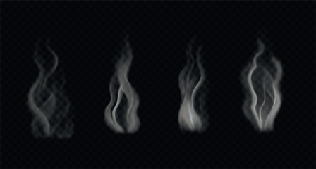 Vector realistic hot steam from food, tea. Set of wavy smoke isolated on transparent background