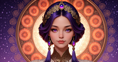 Feminine anime style lady with violet eyes and ornate headpiece, detailed fantasy closeup poster with mystical golden circular pattern