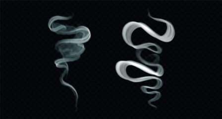 Vector effect of smoke from hot food or tea. Wavy and swirl steam isolated on dark transparent background