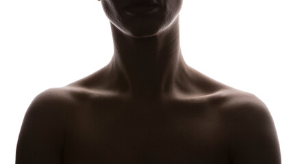 Close-up cropped image of young woman with bare shoulders and neck. Diet. 