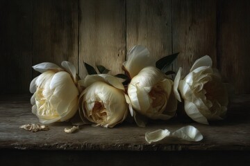Delicate cream-colored peonies rest on a weathered wooden surface, bathed in soft light, creating a serene and romantic still life.