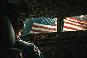 Pilot focused on flying while American flag waves in the cockpit, representing patriotic dedication to profession and service in aviation