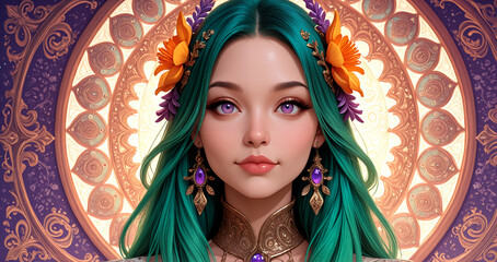 Template Banner of a Woman with Teal Hair and Violet Eyes, Detailed Gold and Orange Abstract Pattern Layout.