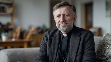 Naklejka premium Real portrait of serious Priest sitting on a couch inside a bright church office