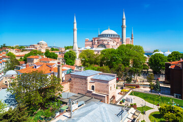 Hagia Sophia mosque in the Sultanahmet Park in Istanbul, Turkey during sunny summer day. Aerial shot