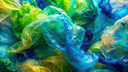 Colorful plastic bags with swirling patterns of bright blues and greens, reminiscent of a tropical ocean, nature inspired, vibrant colors