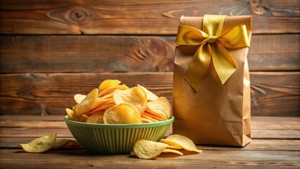 Crispy potato chips on a wooden table in front and back view of a colorful paper bag mockup with a ribbon tie, product, snack,  product