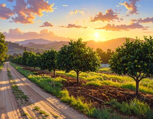 Fototapeta premium Sunrise over Citrus Orchard: Tranquil Scene of Agriculture and Nature's Beauty