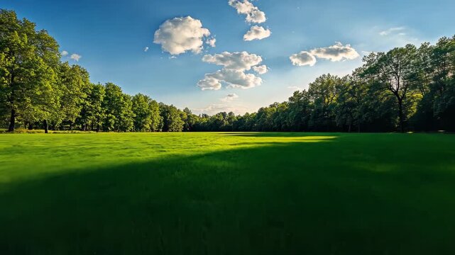 Lush Meadow Under a Blue Sky: A sweeping expanse of vibrant green grass extends toward the horizon, bordered by a dense line of towering trees under a bright blue sky dotted with fluffy white clouds.