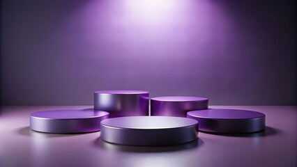 Five sleek purple-toned round podiums sit on a minimalist empty background, exuding sophistication and elegance, purple