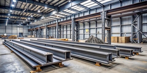 Industrial steel i-beam structure on a grey concrete background with industrial machinery and tools scattered around