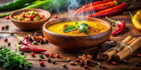 Aromatic spices scattered around a steaming yellow curry dish with fragrant herbs and fresh chilies in a shallow wooden bowl