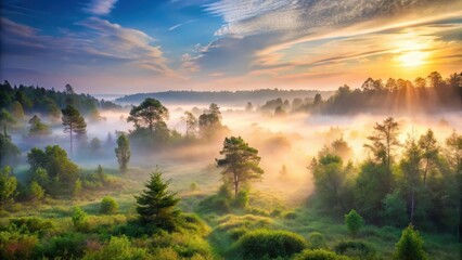 Misty Dawn in Lush Forest, landscape, early morning,  landscape, early morning, natural beauty, serene, lakeside, lake, trees