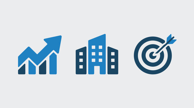 Set of business concept icons including growth chart office building and target simple vector glyph design for presentations and infographics