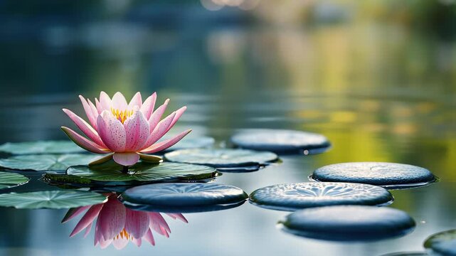 Serene Lotus and Stones: A captivating, delicate pink lotus flower floats peacefully amidst green lily pads and smooth, grey stones in calm water. It's a visual meditation on serenity and purity.
