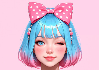 Cute 3D anime girl with blue and pink gradient hair, winking playfully on a minimalist pink background.