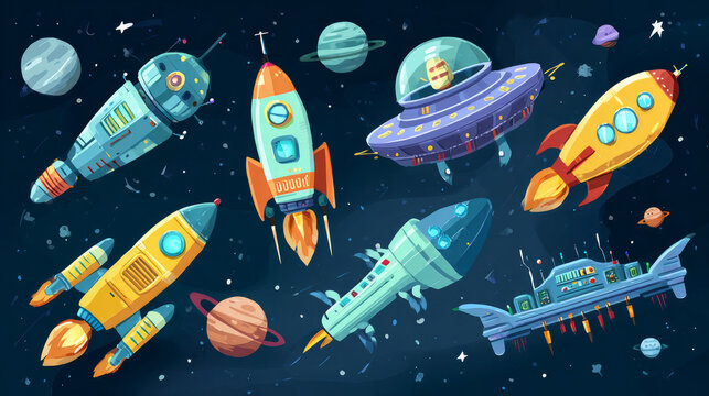 Different shuttles in the cosmos and on alien planets in a vector cartoon