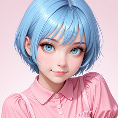 3D render of a cute anime girl with short blue hair and big blue eyes, smiling on a pink background.