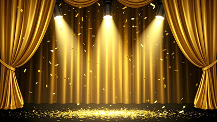 Golden velvet curtain glowing rugged spotlight victory celebration
