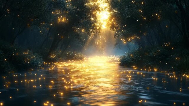 Magical River of Golden Lights in an Enchanted Forest at Night.