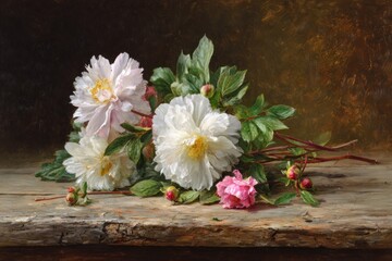 A still life painting showcasing a bouquet of delicate white and pink peonies on a weathered wooden table against a rich, dark background.