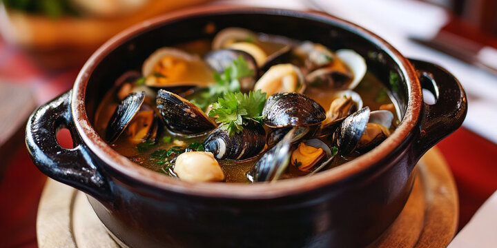 Caldo de sururu or mussel soup on the table