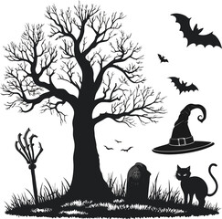 Set of 6 designs solid black silhouette halloween spooky, zombie hand, haunted tree, bat, black cat, witch hat, full black fill, realistic proportions, isolated on white background, v