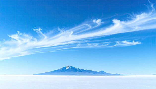 Panoramic view of a snow-covered mountain peak rising from a vast, flat, white salt flat under a brilliant blue sky streaked with wispy, flowing clouds