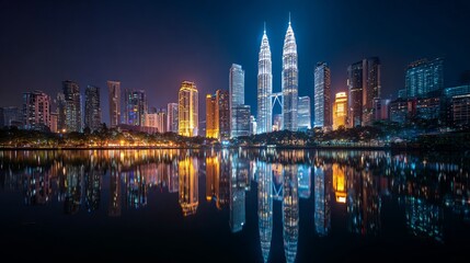 Obraz premium Kuala Lumpur skyline at night with illuminated skyscrapers and city architecture