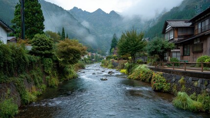 Misty mountain stream village scene