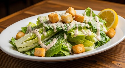 Delicious Caesar Salad with Croutons and Dressing.