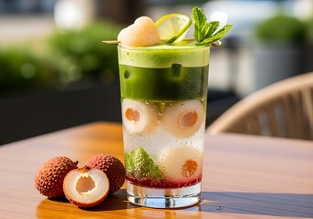 Refreshing Matcha Lychee Iced Drink.