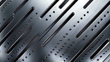 Sleek brushed metal sheet with elongated perforations, shiny silver tones, and industrial texture, representing modern engineering and futuristic technology.
