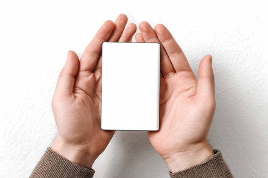 Hands holding a blank white card mockup template for business or personal use isolated on white background